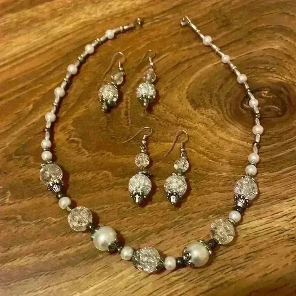 Crystal and Silver Colored Glass Bead and Faux Pearl Earrings and Neckla… - Picture 1 of 5